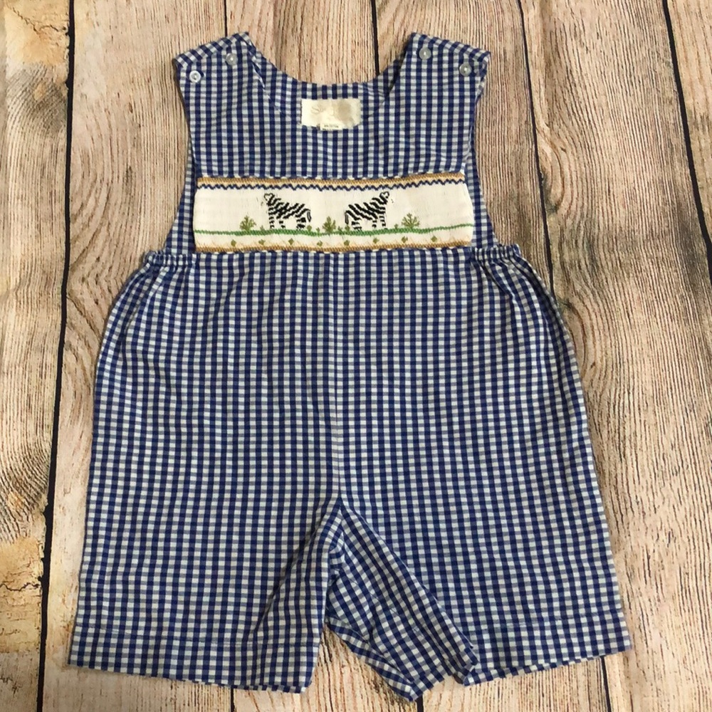 Boys used blue checkered, zebra 🦓 smocked shortall romper.